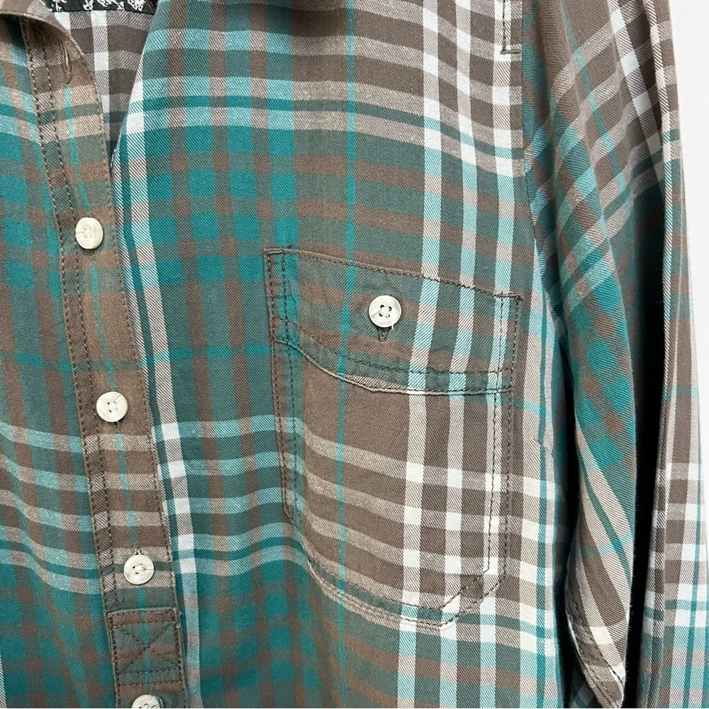 Aventura 100% Organic Cotton Button Down Shirt Turquoise Plaid Hiking Outdoors L - Picture 7 of 9
